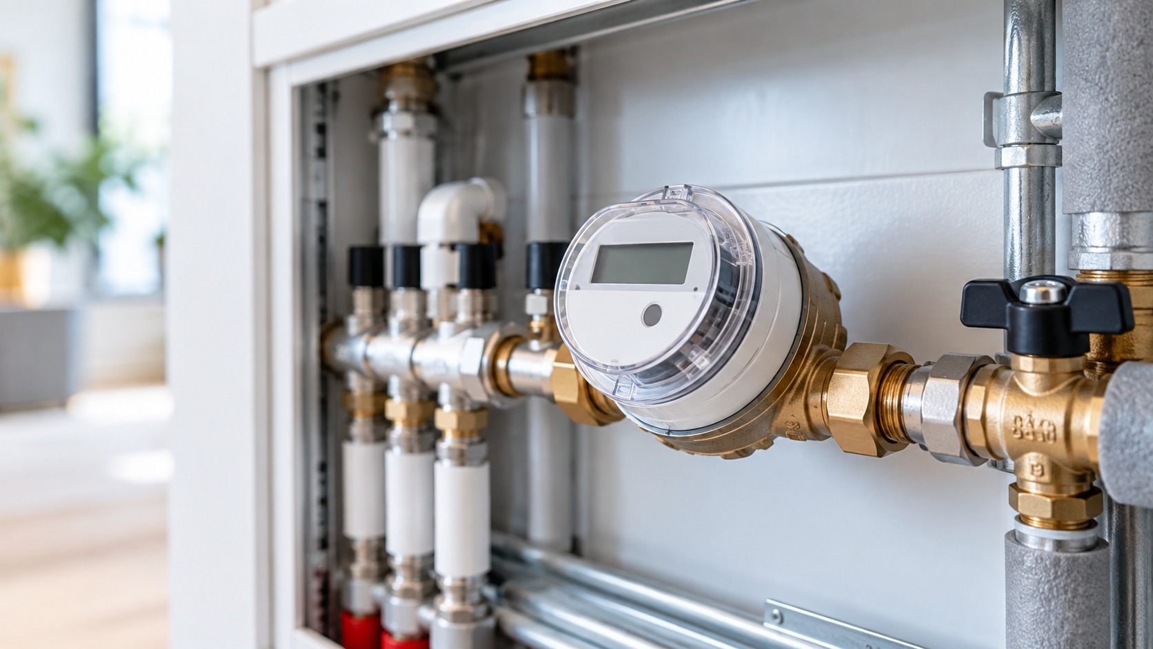 Moderner digitaler Wasserzähler in einer technischen Installation